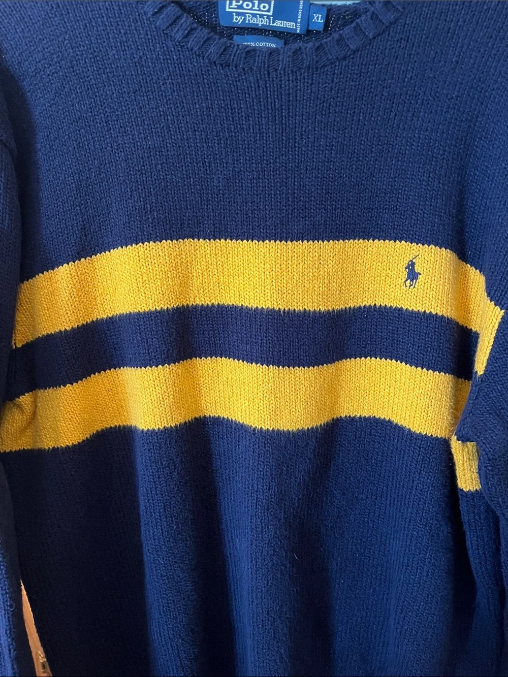 Polo by Ralph Lauren Navy Crewneck Sweater with Gold Stripes